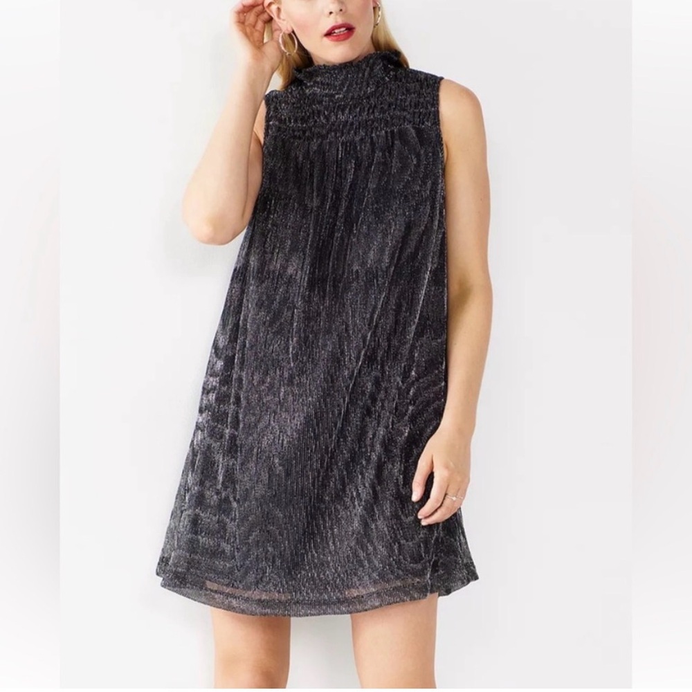 Nine West Black Metallic Pleated High-Neck shift Dress size XL EUC